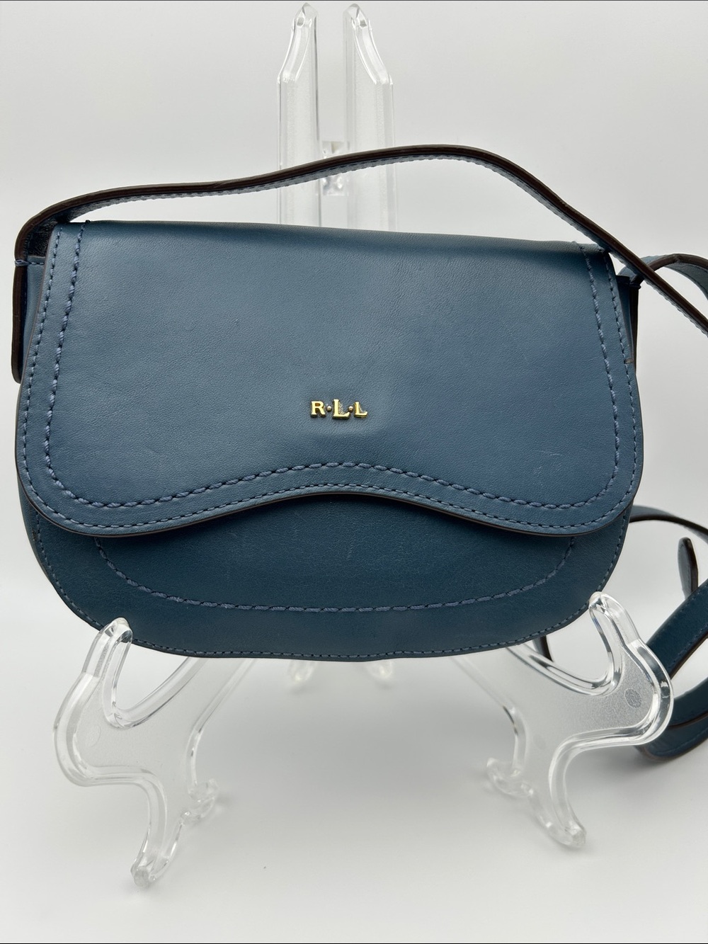 LAUREN Ralph Lauren Leather Saddle Crossbody Shoulder Mini Bag Dark Chambray GUC